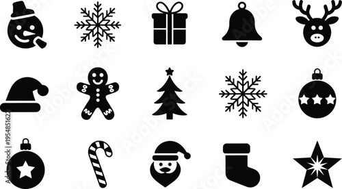 Christmas Symbols: A collection of iconic Christmas symbols, including snowflakes, gift box, bell, reindeer, Santa hat, gingerbread man, Christmas tree, ornament, candy cane, Santa Claus, sock, star.