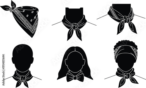 Bandana styles silhouettes set with headscarf variations, neck scarf tying methods, and fashion accessory designs isolated on white background