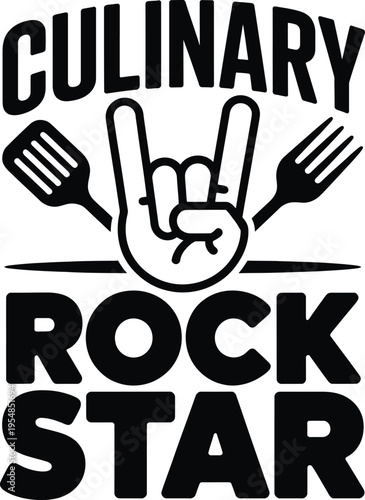 Culinary rock star with hand gesture and utensils cooking