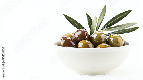 Glossy Green and Brown Olives in Ceramic Bowl with Olive Leaves