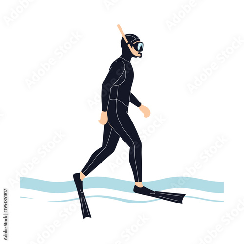 Snorkeler in wetsuit walking in shallow water with fins and mask