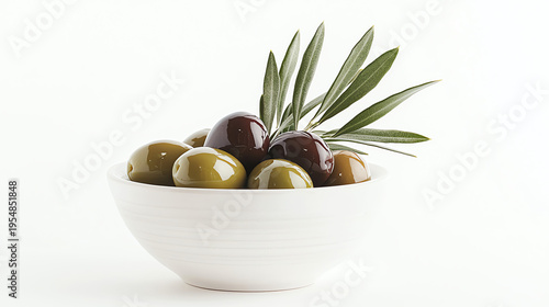 Glossy Green and Brown Olives in Ceramic Bowl with Olive Leaves