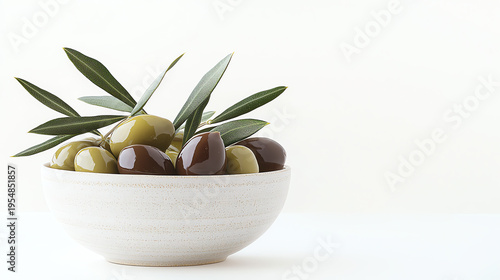 Glossy Green and Brown Olives in Ceramic Bowl with Olive Leaves