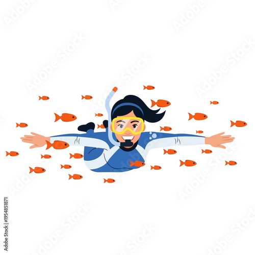 Snorkeler Swims Joyfully Amidst a School of Orange Fish Underwater