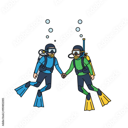 Two divers holding hands underwater, scuba diving, underwater adventure, friendship, love, bubbles