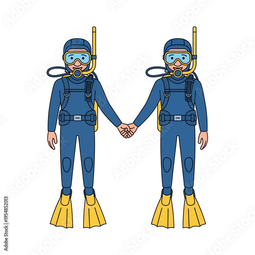 Two divers holding hands, symbolizing partnership and adventure underwater.