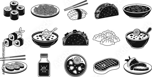 Asian cuisine food icons set sushi ramen dumplings rice bowl noodles chopsticks traditional Japanese Chinese dishes silhouette collectionAsian cuisine food icons set sushi ramen dumplings rice bowl no