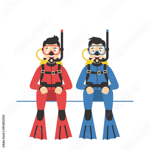 Two divers in red and blue suits ready for underwater adventure