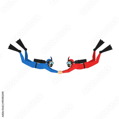 Two divers in red and blue wetsuits holding hands underwater, swimming together