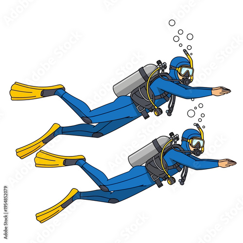Two divers swimming underwater with scuba gear and yellow fins