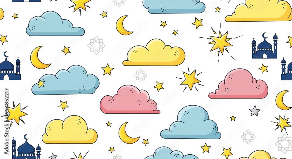 Obraz premium Whimsical Islamic Night Sky Pattern: Clouds, Moon, Stars, Mosques, Ramadan, Eid