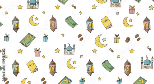 Ramadan Kareem Pattern: Mosque, Moon, Lanterns, Prayer Mat, Gifts, Stars, Book