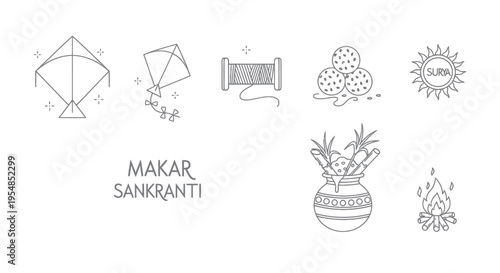Makar Sankranti Icons: Kite, Sun, Sugarcane, Fire, Sweets, Reel
