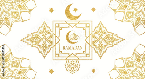 Elegant Ramadan Kareem greeting card with gold Islamic patterns and crescent moon.