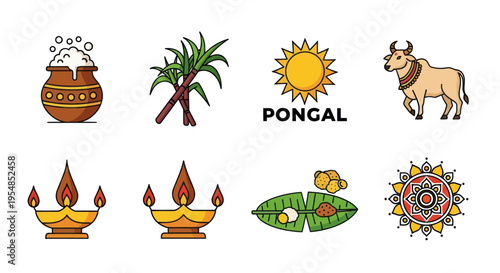 Pongal Festival Icons: Pot, Sugarcane, Sun, Cow, Lamps, Food, Rangoli