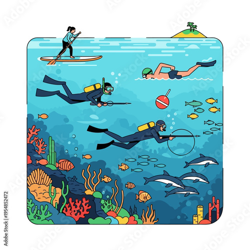 Underwater spearfishing, snorkeling, paddleboarding, marine life, coral reef, ocean adventure