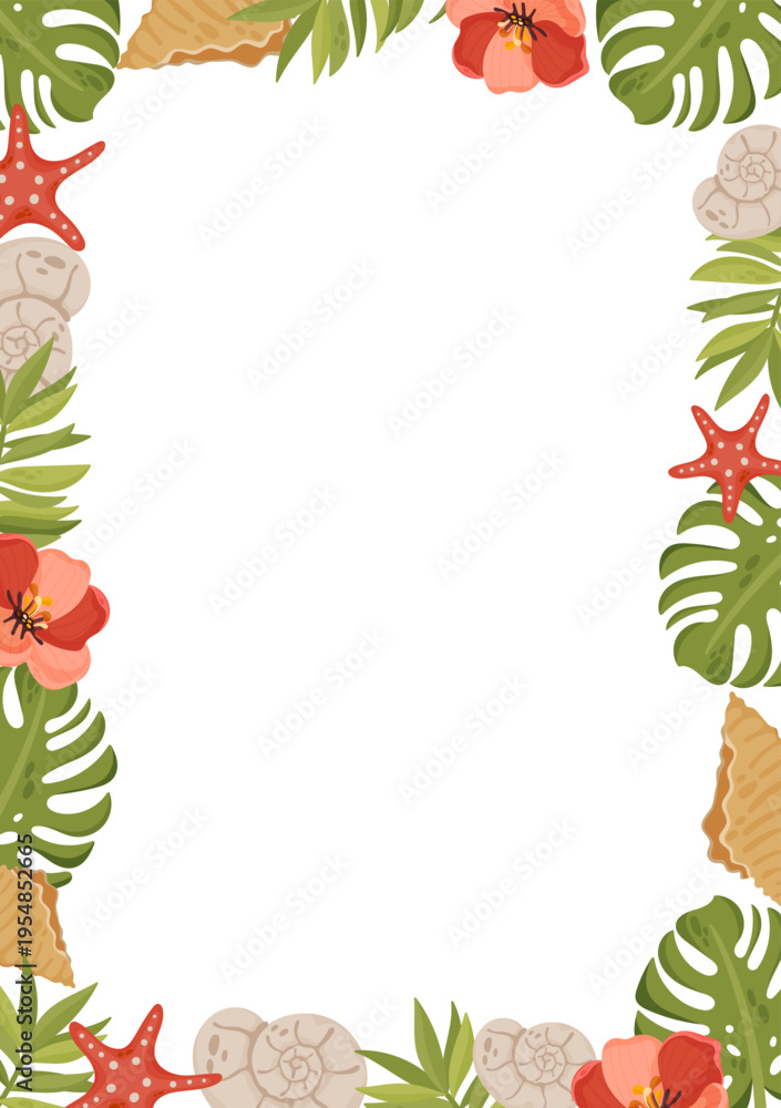 Fototapeta premium Tropical beach frame with flowers, seashells, starfish and leaves. Bright decorative border with copy space for invitations, cards, branding and summer designs