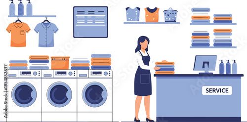 Laundry service shop interior with washing machines folded clothes and customer service vector illustration