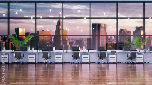 Spacious modern open-plan office with large panoramic windows and minimalist white workstations. 3d illustration