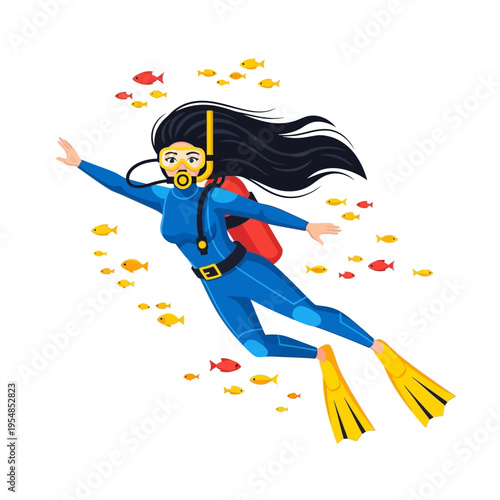 Woman scuba diver swimming with school of fish underwater, vibrant blue wetsuit, yellow fins