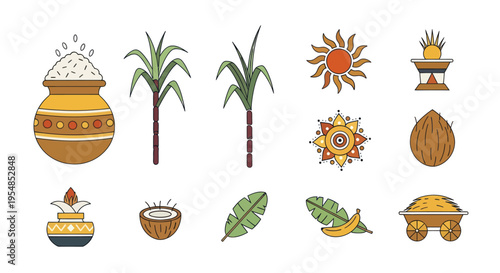 Pongal Festival Icons: Pot, Sugarcane, Sun, Coconut, Banana, Rice, Cart
