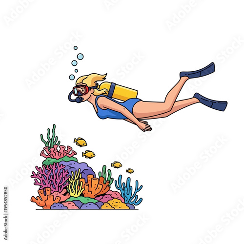 Woman Scuba Diving Over Colorful Coral Reef with Small Fish