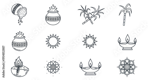 Pongal Festival Icons: Pot, Sugarcane, Sun, Diya, Kolam - Outline Vector Set