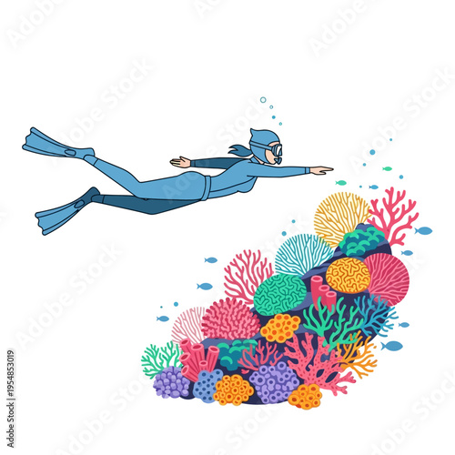 Woman snorkeling over vibrant coral reef with small fish, underwater marine life exploration