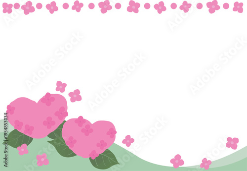 Heart Shaped Hydrangea Frame Vector for A Size Paper with Top and Bottom Floral Border Isolated | Pink Cute Floral Template Transparent Background　ハート型の紫陽花フレーム（A判サイズ・ピンク・上下装飾）ベクター｜背景透過・かわいい花テンプレート素材