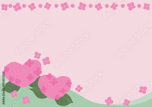 Heart Shaped Hydrangea Frame Background Vector for A Size Paper | Pink Cute Floral Template for Print　ハート型の紫陽花フレーム背景（A判サイズ・ピンク）ベクター｜かわいい花の印刷テンプレート素材