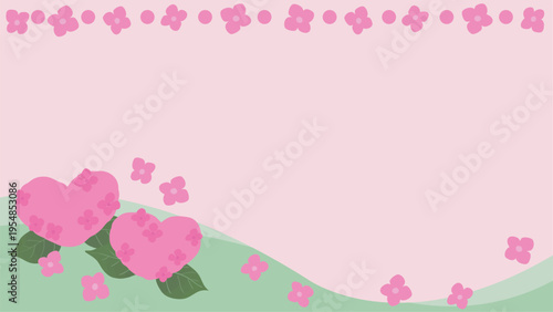Heart Shaped Hydrangea Frame Background Vector 16:9 | Pink Cute Floral Banner for Social Media and Video　ハート型の紫陽花フレーム背景（16:9・ピンク）ベクター｜かわいい花のバナー・動画素材