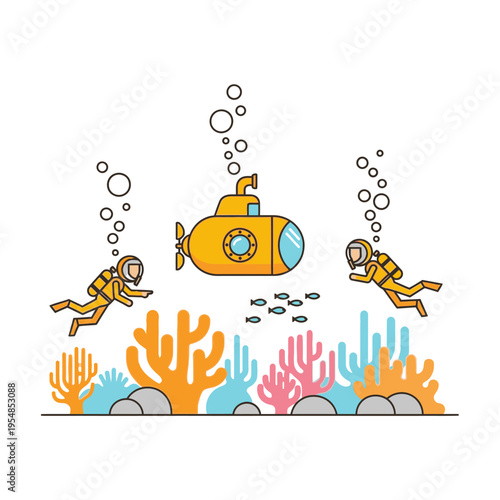Yellow Submarine with Divers Exploring Coral Reef and Fish Underwater