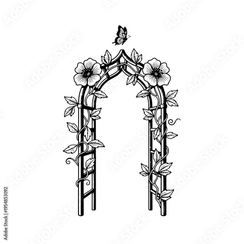 Floral garden arch with blossoms vector engraving style on white isolated background for wedding invitation design