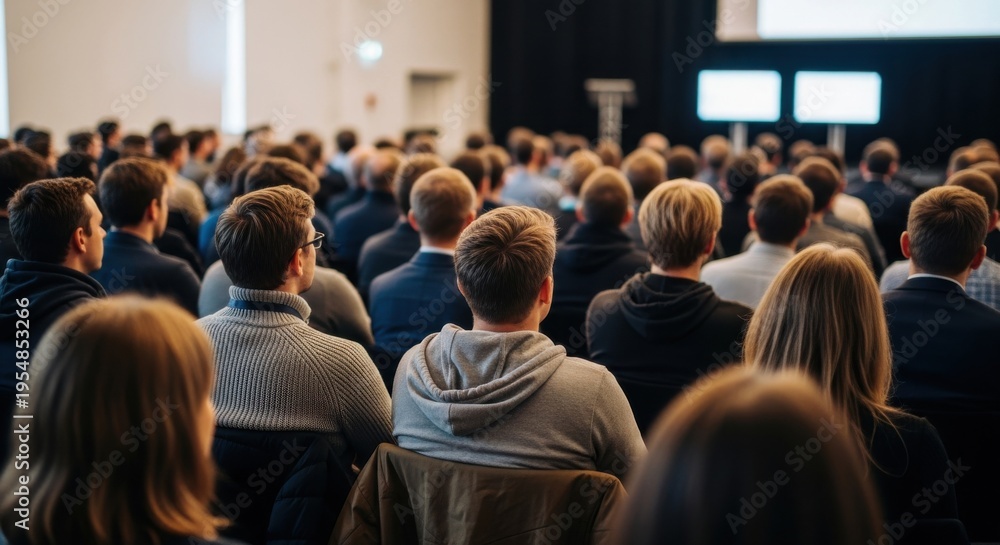 Obraz premium Large professional audience sitting and listening to a keynote presentation in a conference hall, business seminar and educational summit concept.