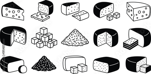 Cheese varieties icons set with sliced blocks cubes wedges grated dairy products collection black silhouette vector illustration