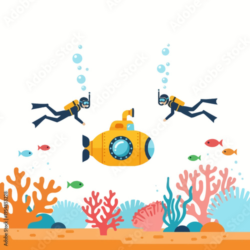 Scuba Divers Explore Yellow Submarine Amidst Coral Reef and Fish