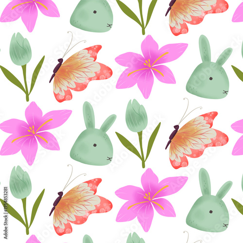 Cute Bunny Butterfly Tulip and Crocus Spring Pattern