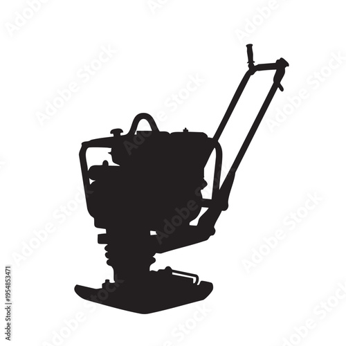 Black silhouette of industrial plate compactor equipment for construction and road paving isolated on white background