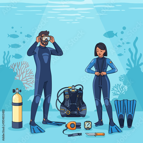 Scuba Divers Preparing for Dive with Gear, Underwater Scene with Coral and Fish