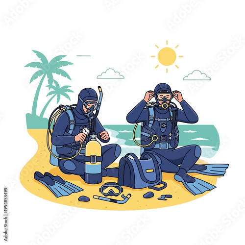 Scuba Divers Preparing on Beach with Palm Trees and Ocean