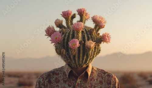 Man with Cactus Head in Desert Landscape.
