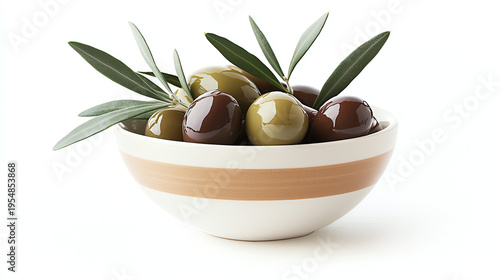 Glossy Green and Brown Olives in Ceramic Bowl with Olive Leaves