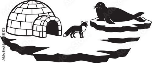 An illustration of a seal and a dog near an igloo on melting ice floes in the Arctic.