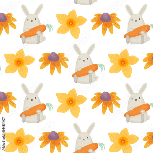 Cute Bunny Pattern with Carrot Daffodil and Zinnia Flowers