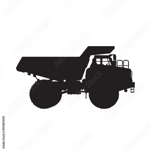 Silhouette of large mining dump truck with massive wheels and open bed isolated on white background