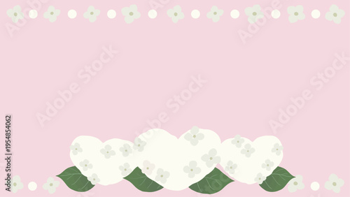 White Heart Shaped Hydrangea Frame Background Vector 16:9 | Elegant Floral Banner for Presentation and Video　白いハート型紫陽花のフレーム背景（16:9）ベクター｜上品な花のバナー・動画素材