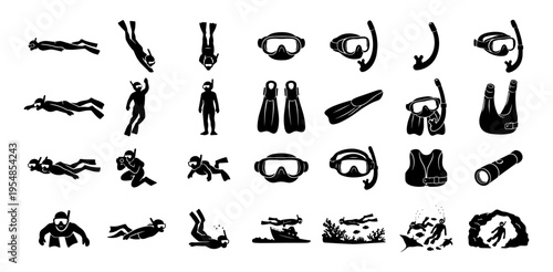 Snorkeling Silhouette Set, Divers, Equipment and Underwater Scenes, Snorkel Mask Fins Coral Reef Icons Collection