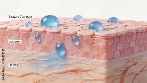 Human skin layers with water droplets
