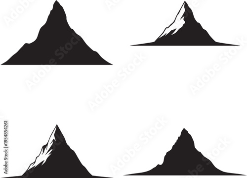 Four mountain silhouettes with varying snow levels on peaks