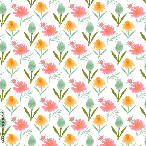 Spring Flower Pattern with Tulip Daffodil and Cosmos Bloom